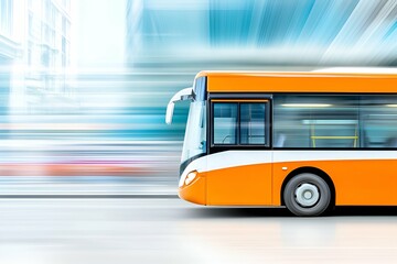 Poster - side view of an orange modern bus in motion with blurred cityscape background, symbolizing urban tra