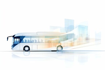 Poster - Modern white bus with passengers and abstract cityscape elements in soft blue and orange tones, symbolizing urban transportation, innovation, and sustainable travel