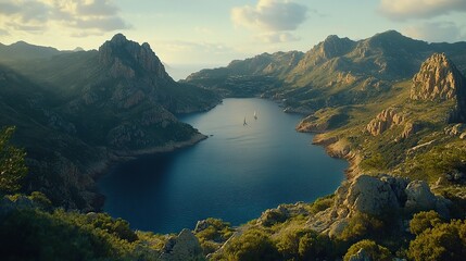 Wall Mural - Sailboat in serene cove at sunset, mountain backdrop