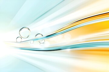 Poster - Abstract fluid design with flowing blue and yellow curves, transparent bubbles, and a bright gradient background evoking motion, energy, and modernity in a futuristic style
