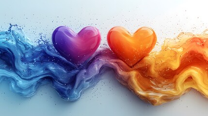 Poster - Colorful Heart Shapes Surrounded by Fluid Waves of Blue and Orange Liquid with Splashes on a Light Background for Love and Emotion Themes