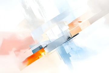 Poster - abstract geometric composition with soft pastel tones of blue, orange, and beige, accented by dynami
