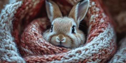 Wall Mural - Adorable Bunny Peeking from a Knitted Blanket