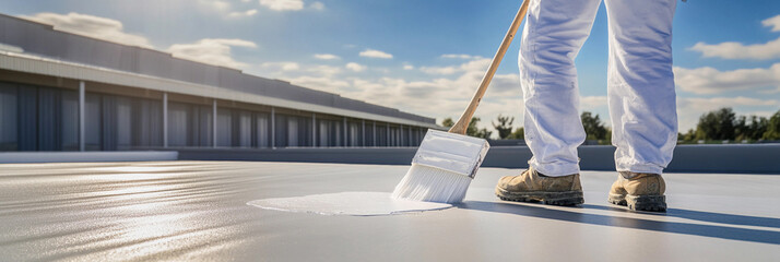 Poster - Worker applying coating on a rooftop during daytime