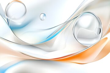 Poster - Abstract flowing design with smooth curves and transparent spheres in soft tones of blue, orange, and white, evoking a sense of elegance and fluidity