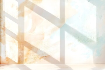 Poster - Abstract light and shadow patterns on a textured pastel wall, creating a soft and serene atmosphere with warm and cool tones blending harmoniously