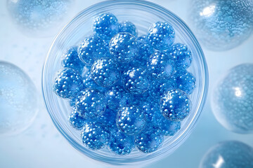 Poster - close-up of blue exosome particles inside transparent spheres. 3d illustration of exosomes in biotec
