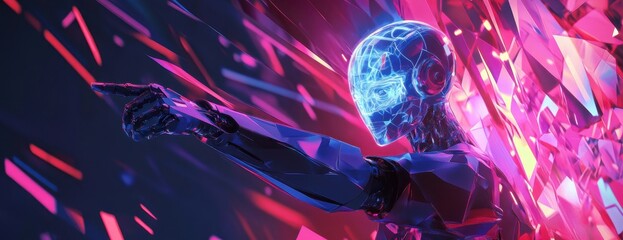 Poster - an ai robot with human-like features pointing at an abstract background, surrounded by glowing geome