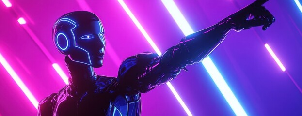 Poster - an ai robot with human-like features holding up one hand, pointing to the right side on an abstract 