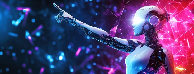 Poster - a female humanoid robot with glowing white skin, pointing up and to the right, stands in front of an