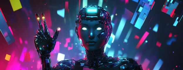 Poster - a female humanoid robot with glowing hands pointing upward, standing in front of an abstract backgro