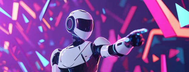 Poster - a humanoid robot is standing in front of an abstract background with colorful geometric shapes and l