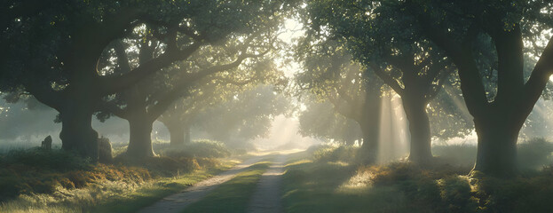 Sticker - Misty Dawn Path, Woodland, Sunrise