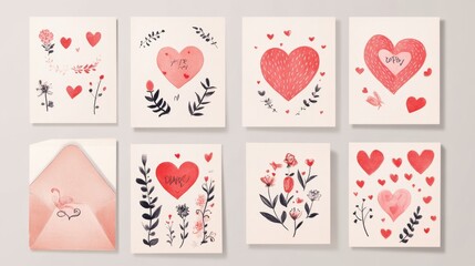 Wall Mural - A set of six cards with hearts on them, each with a different message