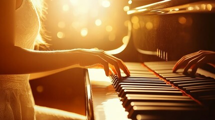 Poster - Close up of a musician's hands playing a grand piano on a stage, bathed in warm backlight, creating a dramatic and evocative atmosphere during a live performance
