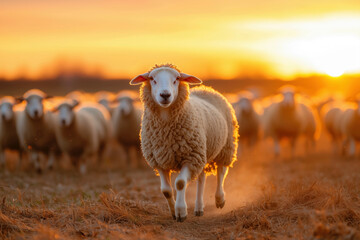 Wall Mural - Golden Hour Majesty: A Sheep's Graceful Run Through the Flock at Sunset