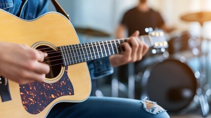Poster - Close up of a musician playing an acoustic guitar during a rehearsal or recording session, with a drummer out of focus in the background, creating a dynamic musical atmosphere