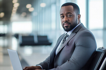 Poster - man in a suit and tie is sitting in a chair with a laptop in front of him. He is focused on his work, possibly preparing for a meeting or presentation. Concept of professionalism and productivity