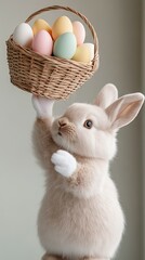 Wall Mural - In a softly illuminated room adorned for the spring celebration, a charming bunny gently cradles a basket filled with vibrant Easter eggs