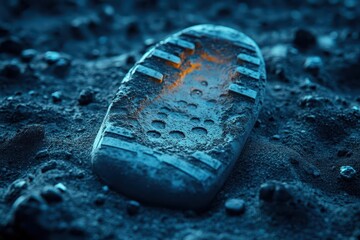 Wall Mural - astronauts boot print imprinted in the dusty lunar soil with a soft glow from the earth visible in t