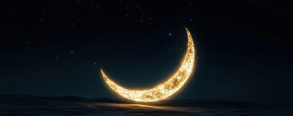Wall Mural - Glowing Crescent Moon Over Dark Ocean at Night Sky with Stars