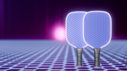 Poster - Two glowing blue paddles pickleball on a grid background. 3d rendering