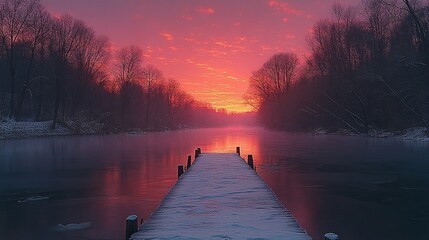 Poster - Snowy pier on winter river at vibrant sunrise