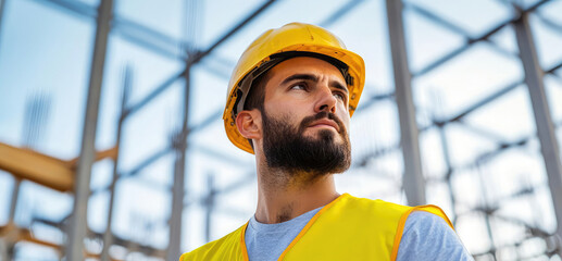 A construction worker in a hardhat and reflective vest stands confidently on site, overseeing the structure being built in the background.