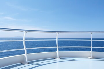 Wall Mural - boat railing on ocean horizon. concept of cruise balcony with balusters and copyspace on clear blue 