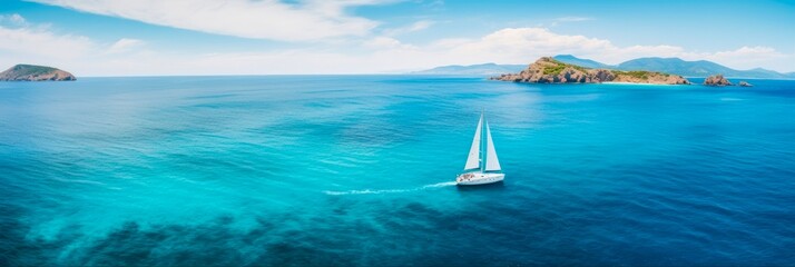 Wall Mural - boat sailing on emerald waters â€“ aerial drone photo of beautiful yacht in exotic bay with clear bl