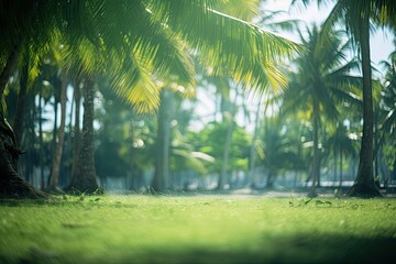 Wall Mural - Bokeh Green Background of a Tropical Park with Blurry Trees and Nature Abstract