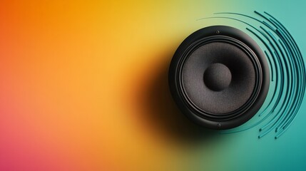 Leinwandbilder - Black audio speaker emits sound waves, creating a visual representation of music and audio technology against a vibrant and colorful backdrop