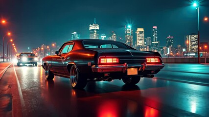 Wall Mural - Vintage muscle car on the night street with neon light. 80s styled synthwave retro scene with powerful drive in evening