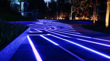 A walkway with blue lines is lit up at night