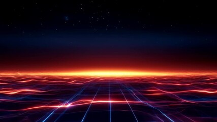 Poster - Futuristic Digital Landscape with Glowing Grid Lines and Starry Sky in Retro Futuristic Setting