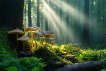 Poster - A magical forest with glowing mushrooms and ethereal light beams