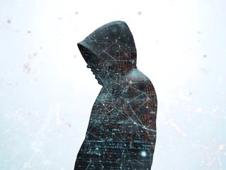 Aufkleber - Abstract representation of a hooded figure with digital data overlay, symbolizing cybersecurity, anonymity, and the growing influence of technology in modern society.