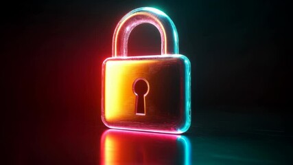 Poster - Glowing Padlock Neon Colors Symbolize Digital Security, Protection, and Safety Lock