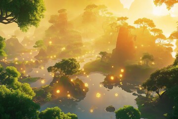 Poster - A peaceful valley with floating islands glowing in soft golden light.