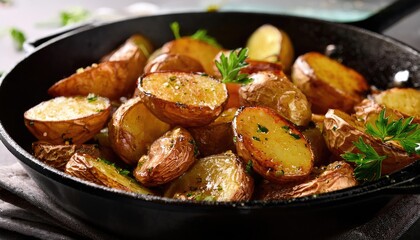 Poster - Frying pan with potatoes close up