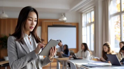 Poster - Modern Business Technology Woman in Office Using Tablet for Professional Tasks