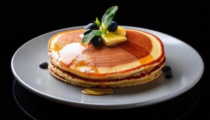 Wall Mural - Pancakes with jam on a plate on a black background