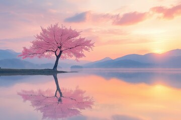Aufkleber - A single cherry blossom tree in the middle of a peaceful lake at sunrise