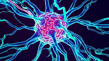 Poster - Neuron structure with glowing blue and pink electric impulses, scientific illustration. Neuroscience and connection concept