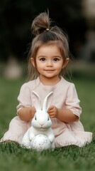 Wall Mural - A cheerful little girl is joyfully playing with an adorable white bunny in a lush green garden, basking in the warm sunshine