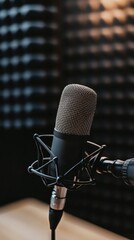 Poster - Professional condenser microphone capturing sound in a recording studio, ideal for music production, voiceovers, and podcasts, with acoustic foam in the background ensuring high quality audio