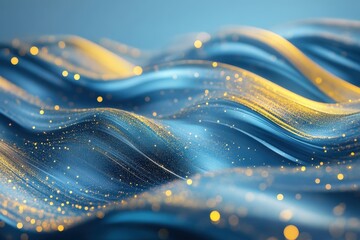 Fototapete - Elegant wave design featuring vibrant blue and yellow splashes on flowing lines, accented with shiny finishes and bokeh effects for a captivating visual experience