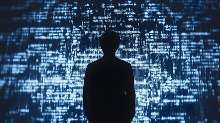 Poster - Silhouette of a Person Against a Dynamic Digital Background Representing Data Flow and Technology Innovations in a Conceptual Visualization of the Future