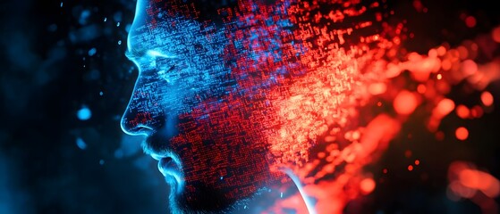Poster - Profile of a Thoughtful Man Surrounded by Digital Patterns of Blue and Red Light, Symbolizing Technology, Data, and Innovation in a Modern Environment