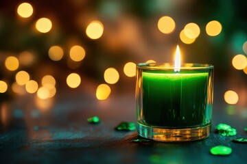 Poster - Glowing green candle illuminates a cozy space with golden bokeh lights in the background during an evening gathering